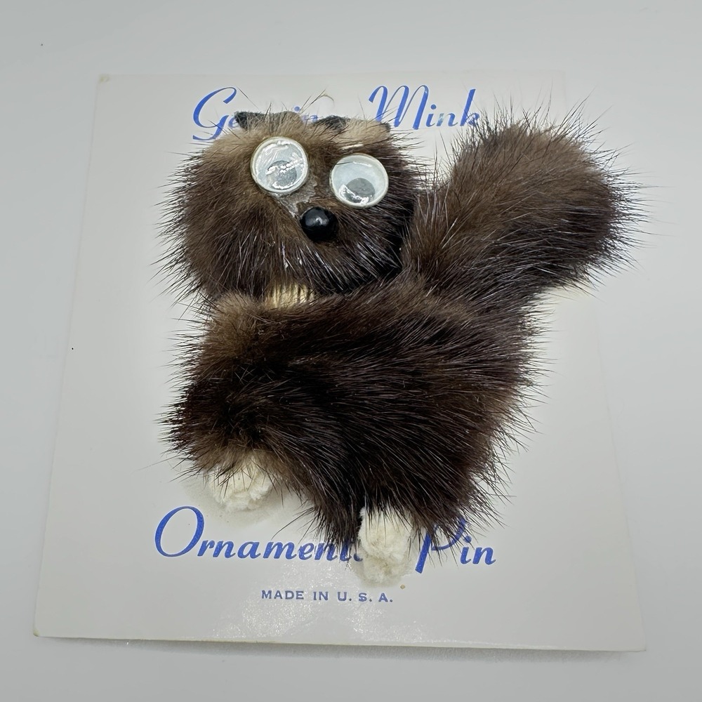 Vintage Genuine Mink Cat Brooch Pin On Original Card Novelty Fur Animal USA - Picture 2 of 8